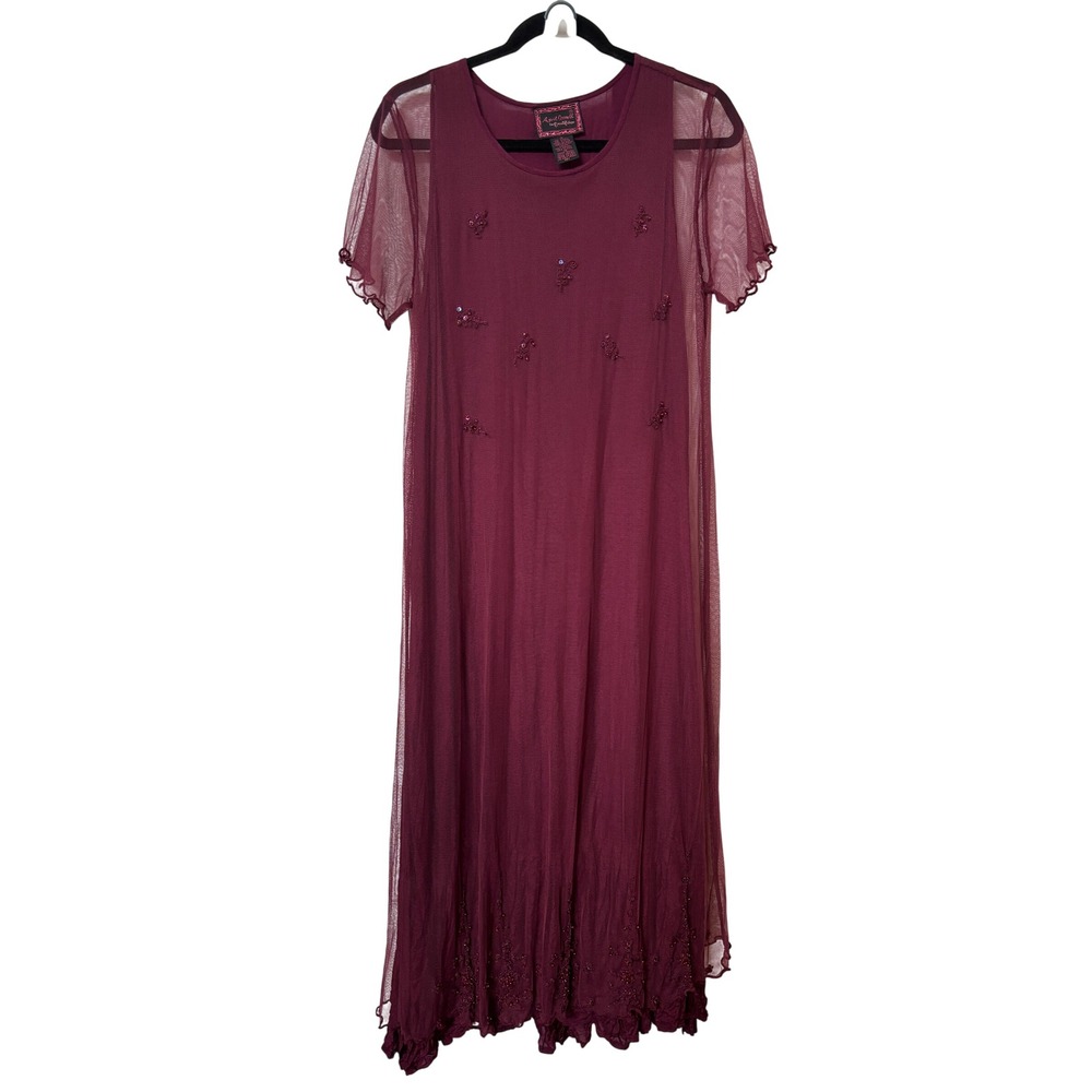April Cornell Burgundy Beaded Mesh Midi Dress Short Sleeve Wine Red Women Small